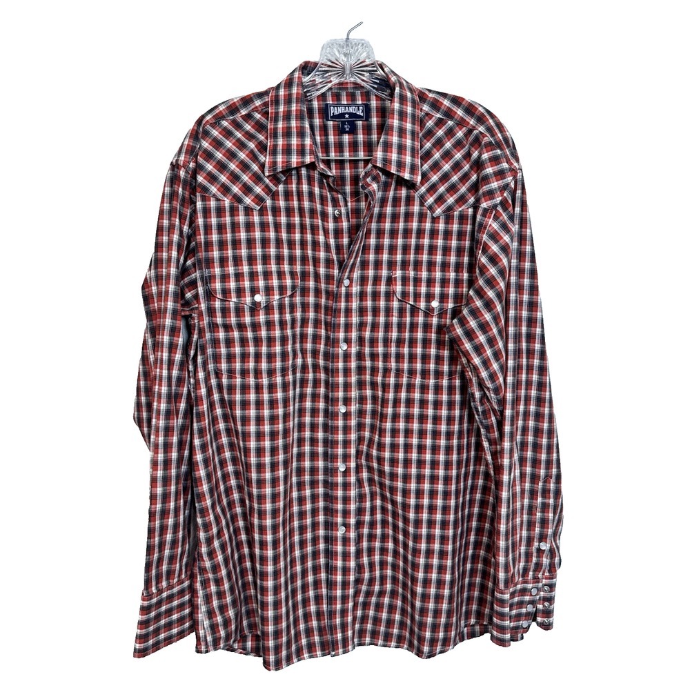 Panhandle  Mens Shirt Large  Plaid‎ Short Sleeve Pearl Snap Western Rust RED